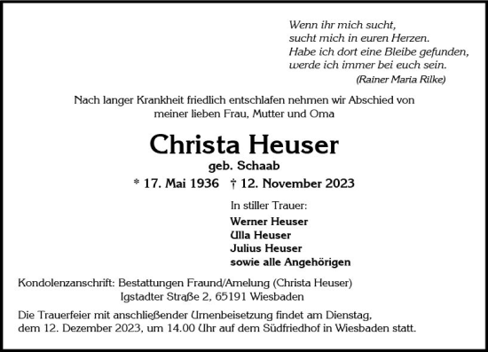 Traueranzeige von Christa Heuser von Wiesbadener Kurier
