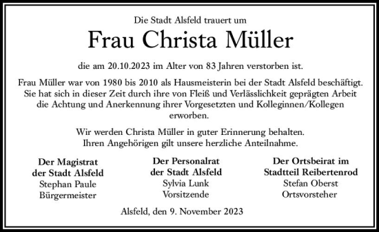 Traueranzeige von Christa Müller von VRM Trauer