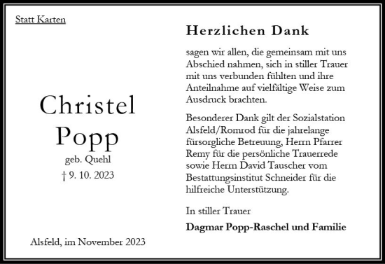 Traueranzeige von Christel Popp von Oberhessen Kurier
