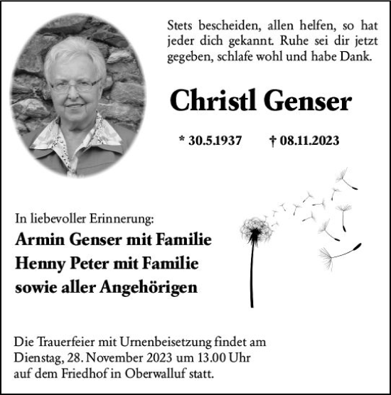 Traueranzeige von Christl Genser von Rheingau Kurier