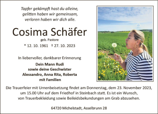 Traueranzeige von Cosima Schäfer von Odenwälder Echo