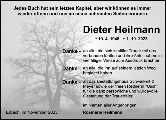 Traueranzeige von Dieter Heilmann von Odenwälder Echo