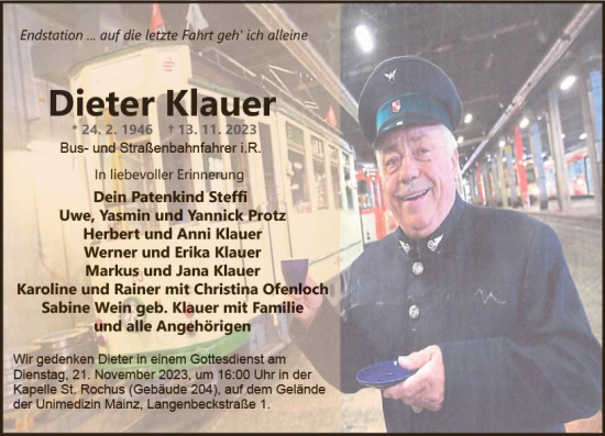Traueranzeige von Dieter Klauer von Allgemeine Zeitung Mainz