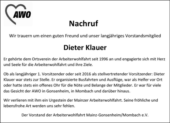 Traueranzeige von Dieter Klauer von Allgemeine Zeitung Mainz