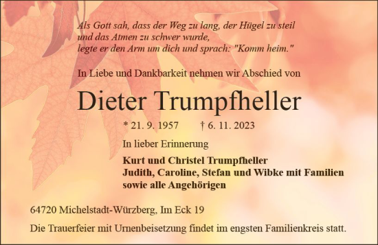 Traueranzeige von Dieter Trumpfheller von Odenwälder Echo