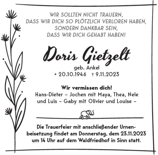 Traueranzeige von Doris Gietzelt von Dill Block