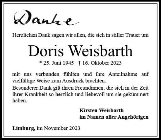 Traueranzeige von Doris Weisbarth von Nassauische Neue Presse