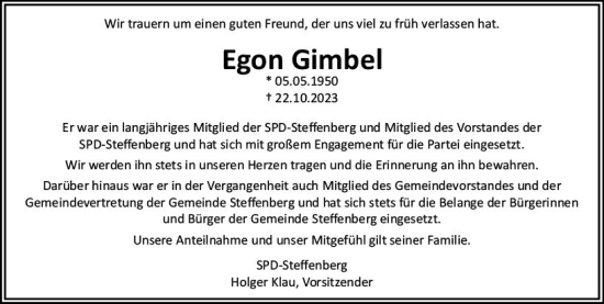 Traueranzeige von Egon Gimbel von Hinterländer Anzeiger