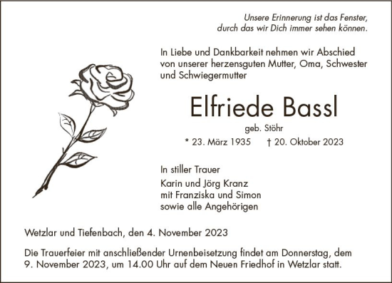 Traueranzeige von Elfriede Bassl von Wetzlarer Neue Zeitung