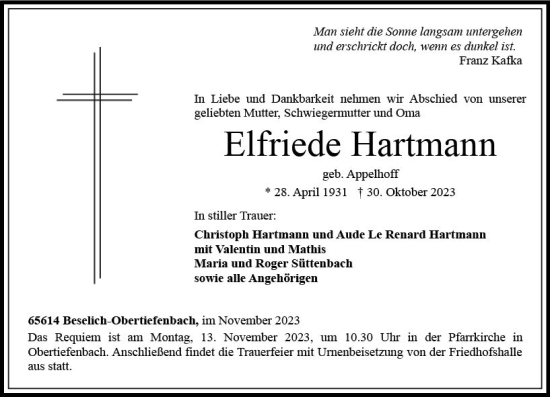 Traueranzeige von Elfriede Hartmann von Nassauische Neue Presse