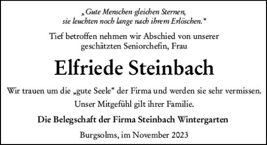Traueranzeige von Elfriede Steinbach von Wetzlarer Neue Zeitung