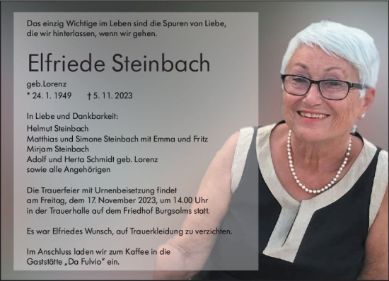 Traueranzeige von Elfriede Steinbach von Wetzlarer Neue Zeitung
