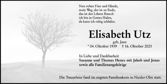Traueranzeige von Elisabeth Utz von Allgemeine Zeitung Mainz