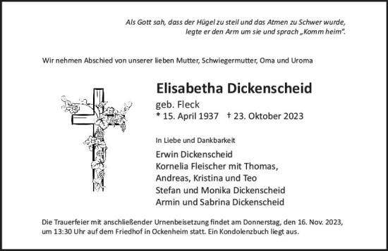 Traueranzeige von Elisabetha Dickenscheid von Allgemeine Zeitung Bingen/Ingelheim