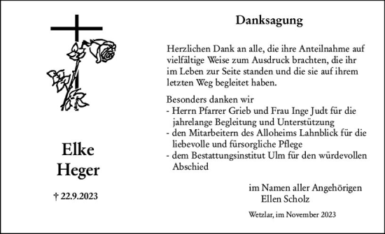 Traueranzeige von Elke Heger von Wetzlarer Neue Zeitung