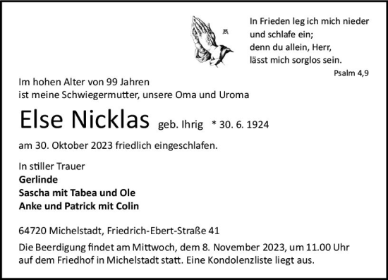 Traueranzeige von Else Nicklas von Odenwälder Echo