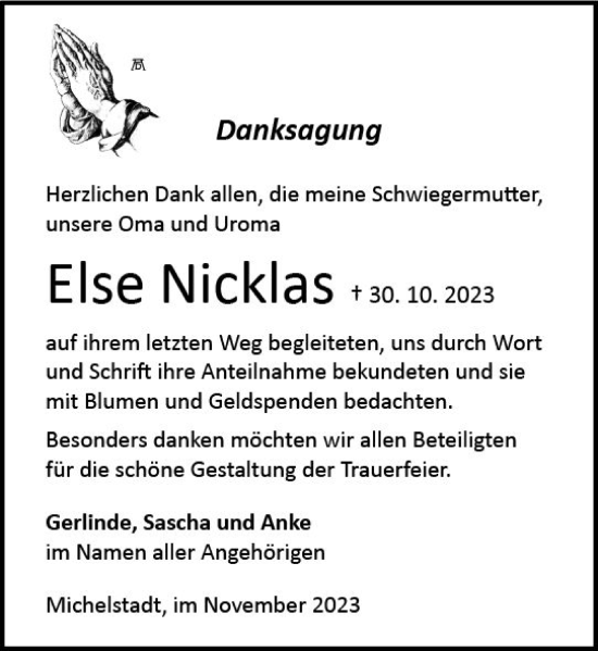 Traueranzeige von Else Nicklas von Odenwälder Echo