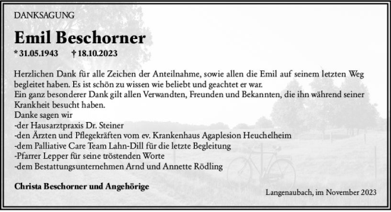 Traueranzeige von Emil Beschorner von Dill Block