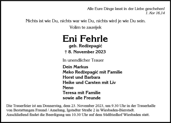 Traueranzeige von Eni Fehrle von Wiesbadener Kurier