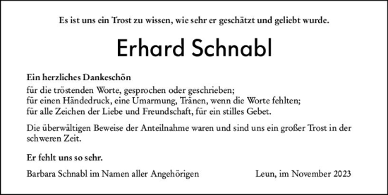 Traueranzeige von Erhard Schnabl von Wetzlarer Neue Zeitung