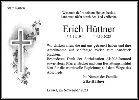 Traueranzeige von Erich Hüttner von Oberhessen Kurier