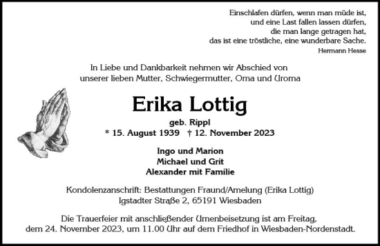 Traueranzeige von Erika Lottig von Wiesbadener Kurier