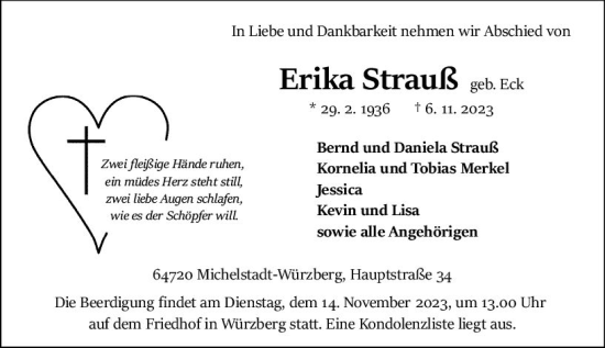 Traueranzeige von Erika Strauß von Odenwälder Echo