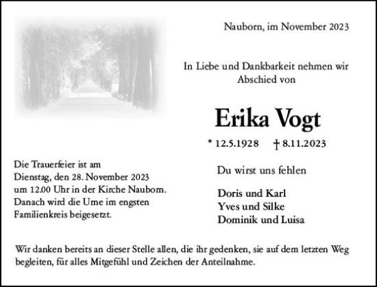 Traueranzeige von Erika Vogt von Wetzlarer Neue Zeitung