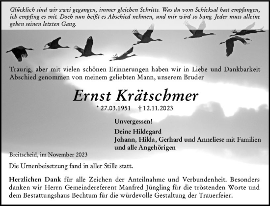 Traueranzeige von Ernst Krätschmer von Dill Block