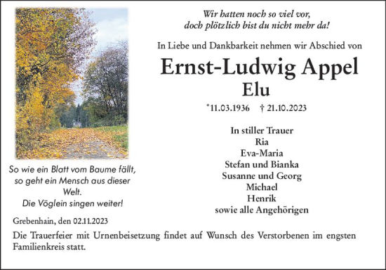 Traueranzeige von Ernst-Ludwig Appel von VRM Trauer
