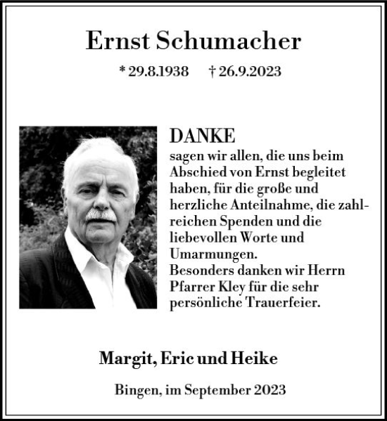 Traueranzeige von Ernst Schumacher von Allgemeine Zeitung Bingen/Ingelheim