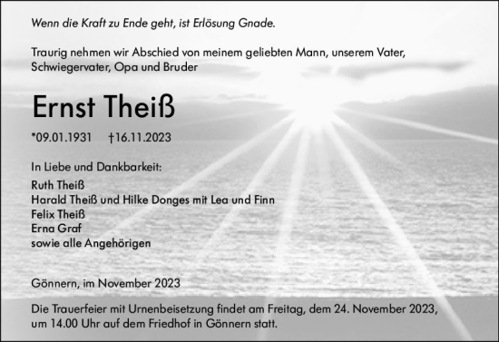 Traueranzeige von Ernst Theiß von Hinterländer Anzeiger