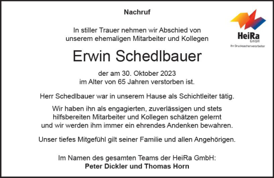 Traueranzeige von Erwin Schedlbauer von Groß-Gerauer Echo