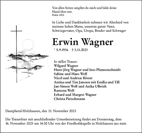 Traueranzeige von Erwin Wagner von Hinterländer Anzeiger