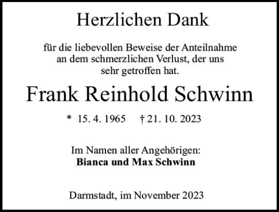 Traueranzeige von Frank Reinhold Schwinn von Darmstädter Echo