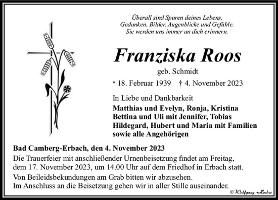 Traueranzeige von Franziska Roos von Camberger Anzeiger