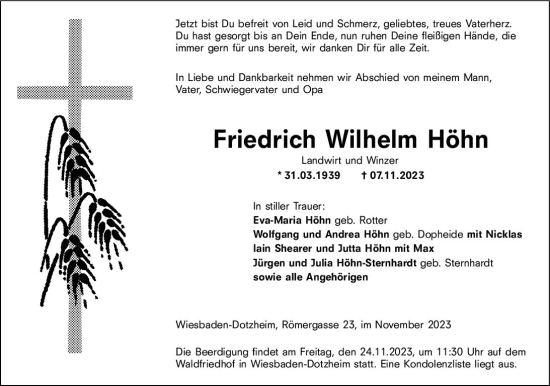 Traueranzeige von Friedrich Wilhelm Höhn von Wiesbadener Kurier