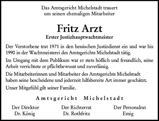 Traueranzeige von Fritz Arzt von Odenwälder Echo