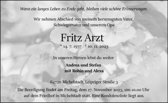 Traueranzeige von Fritz Arzt von Odenwälder Echo