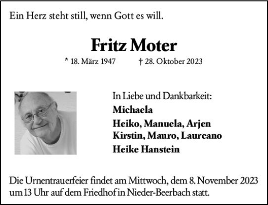 Traueranzeige von Fritz Moter von Darmstädter Echo
