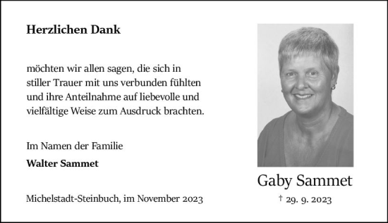Traueranzeige von Gaby Sammet von Odenwälder Echo
