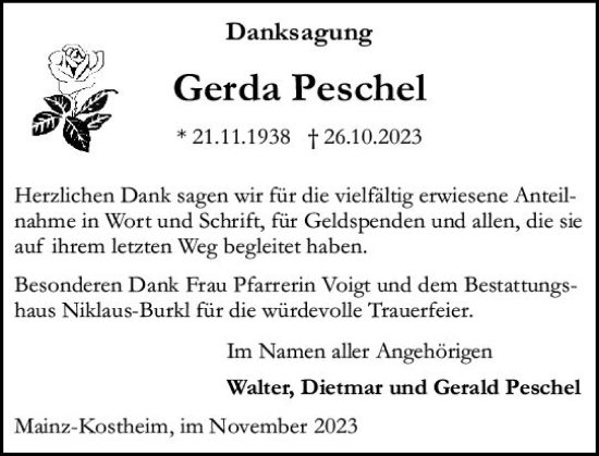 Traueranzeige von Gerda Peschel von Allgemeine Zeitung Mainz