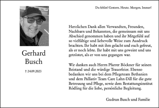 Traueranzeige von Gerhard Busch von Dill Block