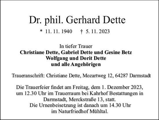 Traueranzeige von Gerhard Dette von Darmstädter Echo