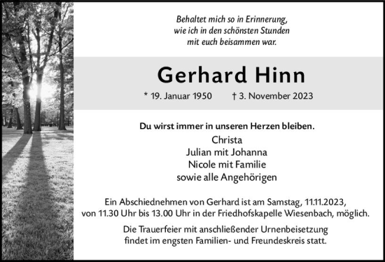 Traueranzeige von Gerhard Hinn von Hinterländer Anzeiger