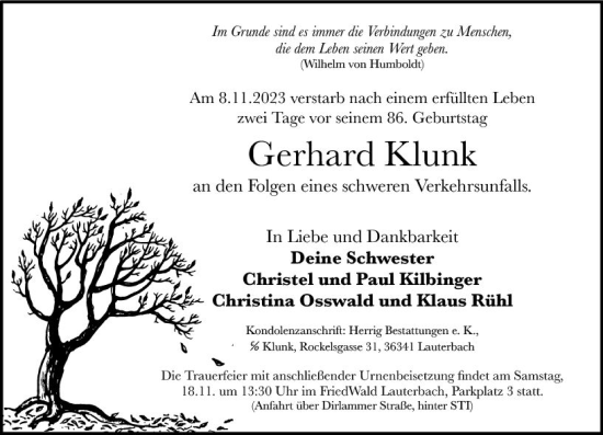 Traueranzeige von Gerhard Klunk von VRM Trauer