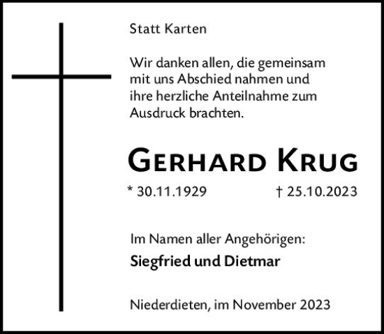 Traueranzeige von Gerhard Krug von Hinterländer Anzeiger