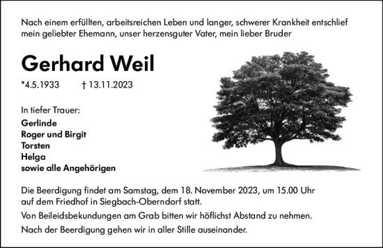 Traueranzeige von Gerhard Weil von Dill Block
