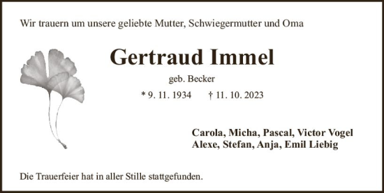 Traueranzeige von Gertraud Immel von Darmstädter Echo