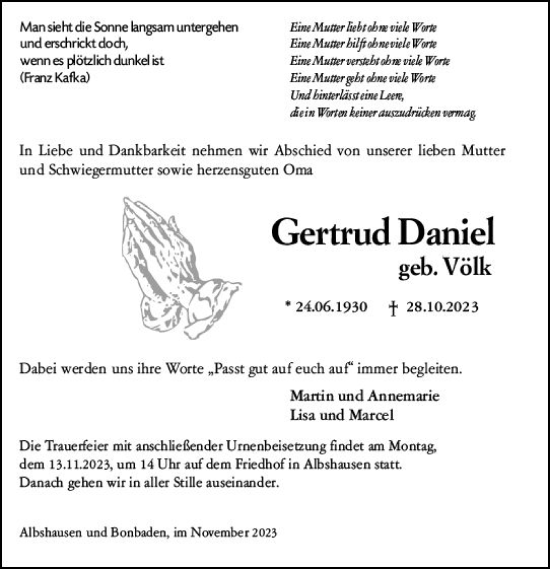 Traueranzeige von Gertrud Daniel von Wetzlarer Neue Zeitung